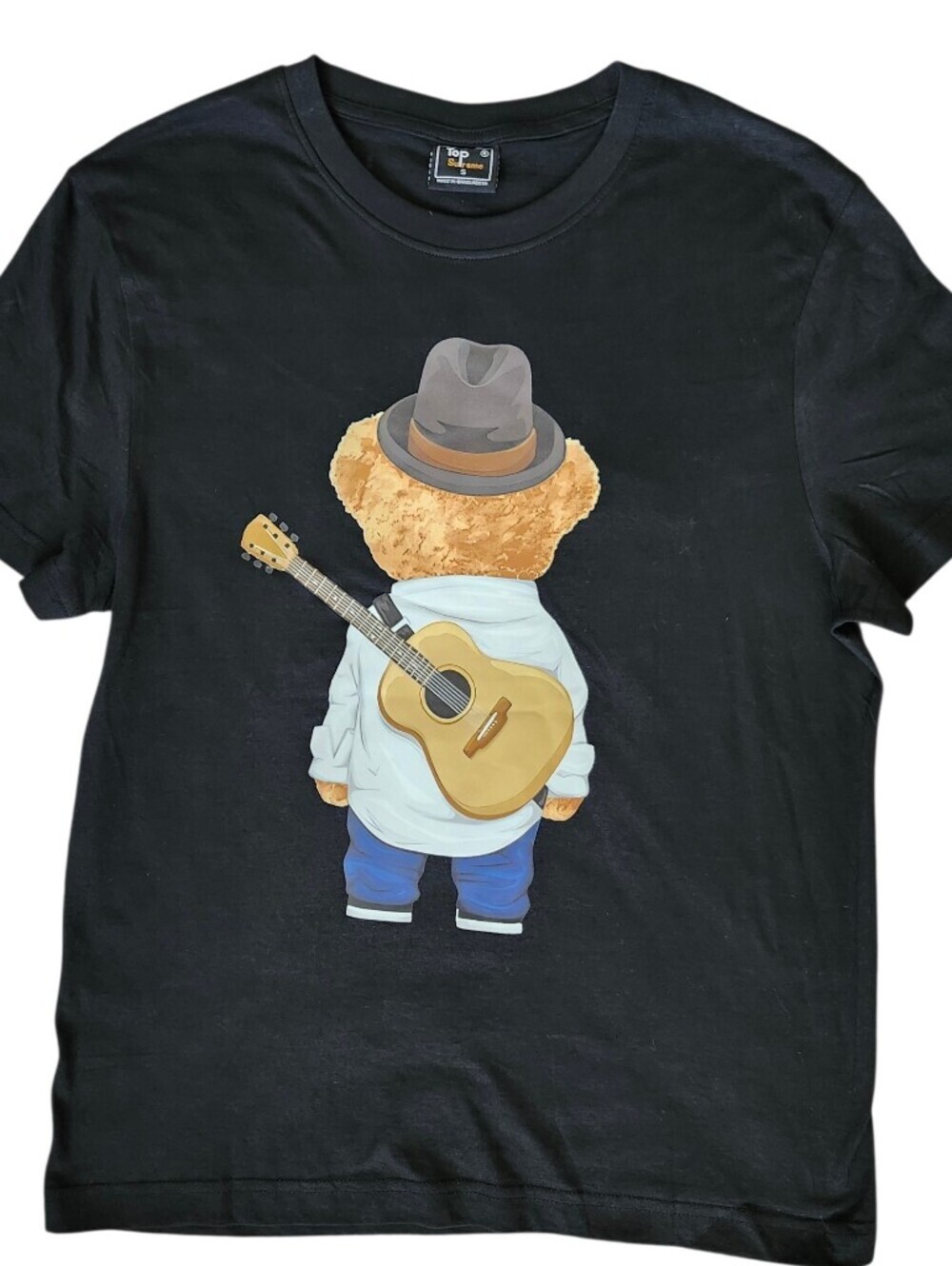 Men's Black Graphic T-Shirt with Bear and Guitar Print